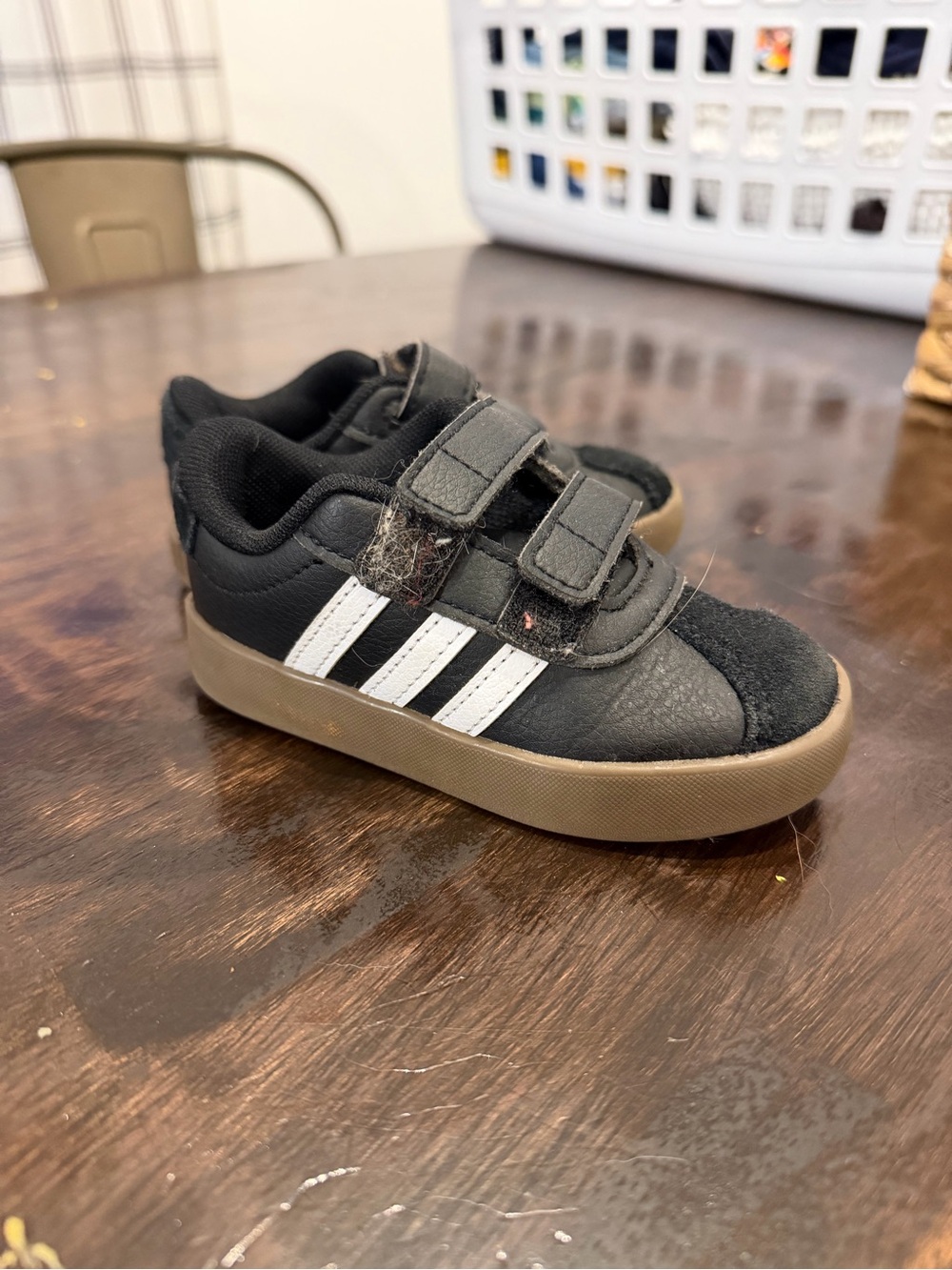adidas Kids Black and White Velcro Sneakers with Brown Sole